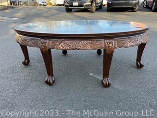 (NEWLY ADDED) Asian Style Oval Coffee Table with Carved Legs and Marble Inlaid Top.   30 x 50 x 19" Tall