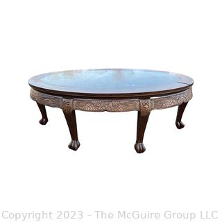 (NEWLY ADDED) Asian Style Oval Coffee Table with Carved Legs and Marble Inlaid Top.   30 x 50 x 19" Tall