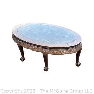 (NEWLY ADDED) Asian Style Oval Coffee Table with Carved Legs and Marble Inlaid Top.   30 x 50 x 19" Tall