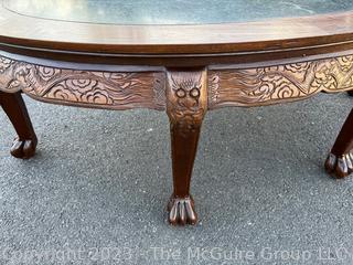 (NEWLY ADDED) Asian Style Oval Coffee Table with Carved Legs and Marble Inlaid Top.   30 x 50 x 19" Tall