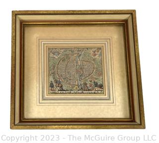 Framed Under Glass Hand Colored Lithograph "Icy e[s]t le vray pourtraict de la ville, cite, Universite de Parisy 1576" by Rossingol, originally published in Paris, 1576. Often referred to as “The Horseshoe Crab Map”. 13 1/2 x 12 1/2"