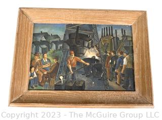 Framed Original Oil On Board of Factory Workers Signed by WPA Artist Norman Barr, Circa 1930s. 15"x 11"