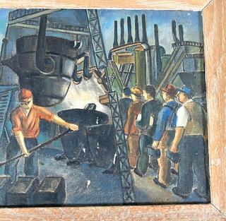 Framed Original Oil On Board of Factory Workers Signed by WPA Artist Norman Barr, Circa 1930s. 15"x 11"