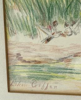 Framed Under Glass Colored Pencil Drawing of Adults And Children By Water, Signed by Artist By Lilian Giffen (1872-1950). 15 x 12"