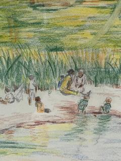 Framed Under Glass Colored Pencil Drawing of Adults And Children By Water, Signed by Artist By Lilian Giffen (1872-1950). 15 x 12"