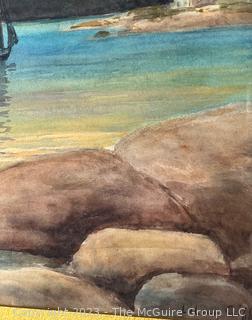 Framed Under Glass Watercolor of Rocky Seascape Signed by Artist Lilian Giffen (1872-1950). 15" x 17".