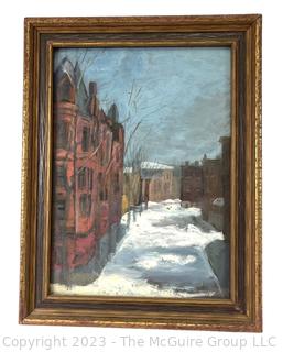 Framed Oil on Canvas of Snowy Street Scene Signed by Artist Lilian Giffen (1872-1950).  12" x 16".