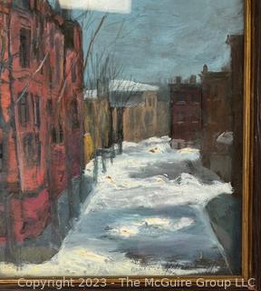 Framed Oil on Canvas of Snowy Street Scene Signed by Artist Lilian Giffen (1872-1950).  12" x 16".