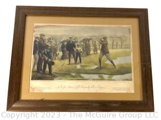 Framed Under Glass Color Lithograph "The First Amateur Golf Championship Held in America” by E. Currier 1931. Some water damage. 15" x 20"