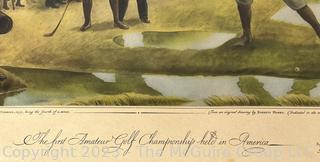 Framed Under Glass Color Lithograph "The First Amateur Golf Championship Held in America” by E. Currier 1931. Some water damage. 15" x 20"