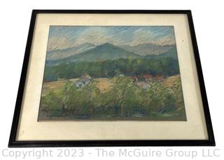 Framed Under Glass Pastel Crayon Hillside Village Signed by California Artist Clara White.  14" x 17"