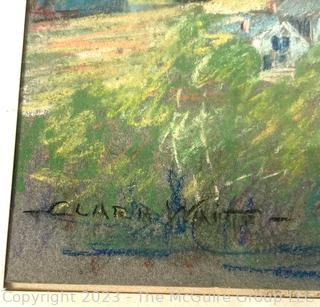 Framed Under Glass Pastel Crayon Hillside Village Signed by California Artist Clara White.  14" x 17"