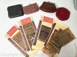 Four (4) Leather Coin Purses and Replica American Colonial Currency 