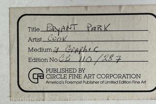 Framed Under Glass Print “Bryant Park” Pencil Signed and Numbered 287/300 by Artist Beryl Cook.  30" x 34". 