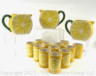 Three (3) Lemon Slice Ceramic Pitchers With Twelve (12) Matching Tumblers  