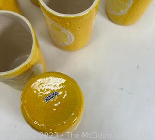 Three (3) Lemon Slice Ceramic Pitchers With Twelve (12) Matching Tumblers  