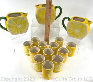 Three (3) Lemon Slice Ceramic Pitchers With Twelve (12) Matching Tumblers  