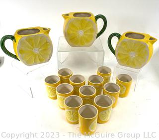 Three (3) Lemon Slice Ceramic Pitchers With Twelve (12) Matching Tumblers  