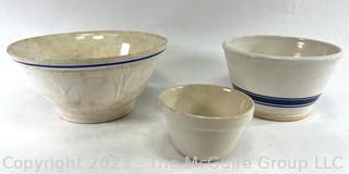 Three (3) Blue and White Ironstone and Stoneware Mixing Bowls