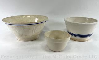 Three (3) Blue and White Ironstone and Stoneware Mixing Bowls