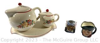 Mid Century Ball Tea Pot and Creamer Set and Two Toby Mugs, One Royal Doulton