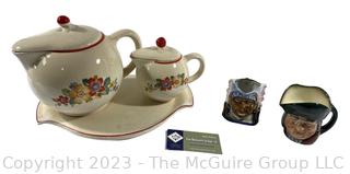 Mid Century Ball Tea Pot and Creamer Set and Two Toby Mugs, One Royal Doulton