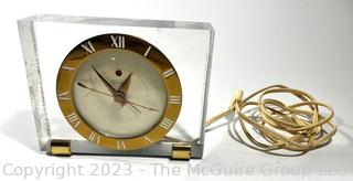 Mid Century Art Deco Style Lucite & Brass Electric Desk Mantel Clock by Telechron, Untested