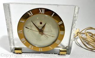 Mid Century Art Deco Style Lucite & Brass Electric Desk Mantel Clock by Telechron, Untested