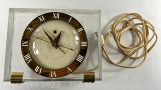 Mid Century Art Deco Style Lucite & Brass Electric Desk Mantel Clock by Telechron, Untested