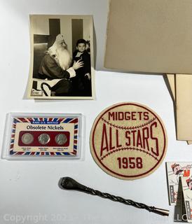 Collection of Sterling Silver Matcha Straw, Postcards, 1958 Midgets All Stars Patch and Photographs