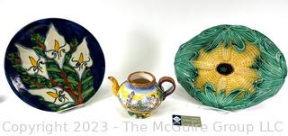 Three (3) Pieces of Pottery Including Italian Majolica and Mexican Talavera Calla Lily Mora Pottery Mexico