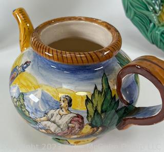 Three (3) Pieces of Pottery Including Italian Majolica and Mexican Talavera Calla Lily Mora Pottery Mexico