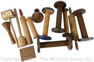 Group of Wood Utensils Including Spools, Rolling Pins and Springerle Press