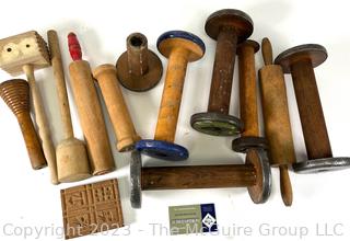 Group of Wood Utensils Including Spools, Rolling Pins and Springerle Press