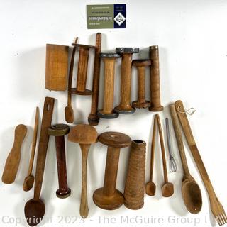 Group of Wood Kitchen Utensils and Industrial Spools