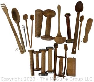 Group of Wood Kitchen Utensils and Industrial Spools