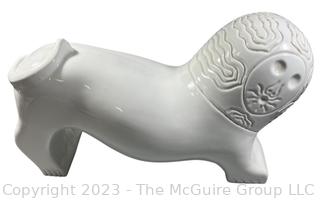 White Ceramic Modern Art Style Lion with Incised Face and Smooth Body.  18" long