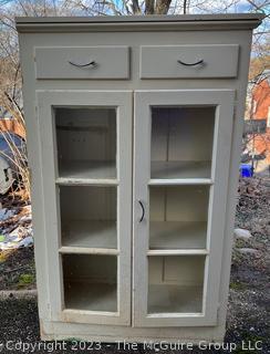 White Painted Two Drawer Glass Front Book Case or Cabinet. 54" x 33" x 12".