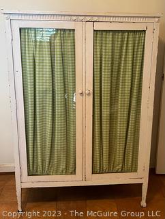 French Country Display Cabinet With Four Interior Shelves and Green Gingham Curtains. 16" x 38" x 55"