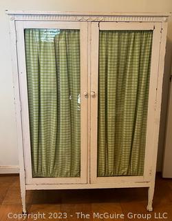 French Country Display Cabinet With Four Interior Shelves and Green Gingham Curtains. 16" x 38" x 55"