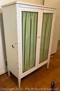 French Country Display Cabinet With Four Interior Shelves and Green Gingham Curtains. 16" x 38" x 55"