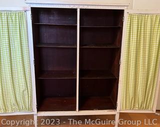 French Country Display Cabinet With Four Interior Shelves and Green Gingham Curtains. 16" x 38" x 55"