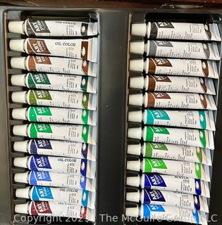 Wood Art Box with 32 Oil Paint Tubes, Unused