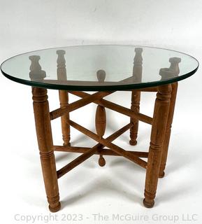 Glass Top Table on Wood Collapsible Accordion Base. 16" tall, 20" diameter.