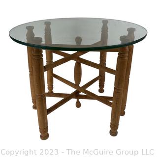 Glass Top Table on Wood Collapsible Accordion Base. 16" tall, 20" diameter.