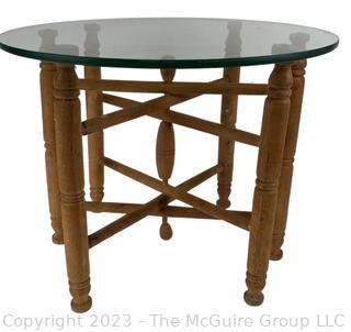 Glass Top Table on Wood Collapsible Accordion Base. 16" tall, 20" diameter.