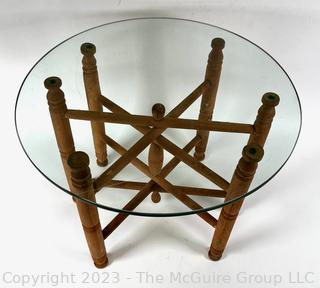 Glass Top Table on Wood Collapsible Accordion Base. 16" tall, 20" diameter.