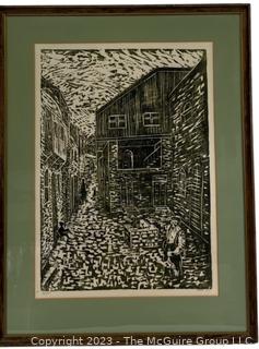 Framed Under Glass Black & White Wood Block Print numbered 10/27. Signed Lower Right, Signature Illegible. 21 x 27 1/2".