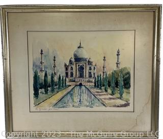 Framed Under Glass Watercolor of the Taj Mahal, Agra India Signed  By Artist, Signature Illegible. 21" x 24"  