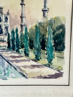 Framed Under Glass Watercolor of the Taj Mahal, Agra India Signed  By Artist, Signature Illegible. 21" x 24"  